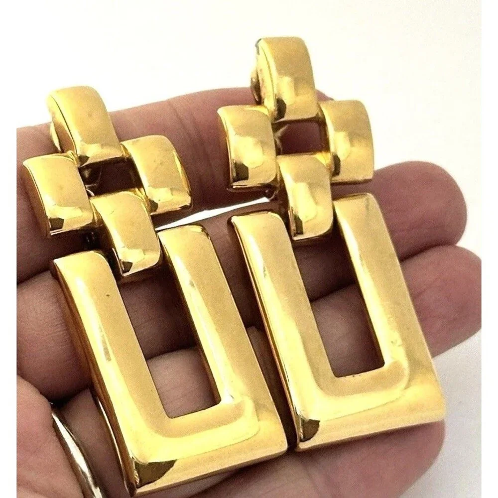 Vintage Signed Monet Oversized Door Knocker Gold Tone Clip-on Earrings Rectangle